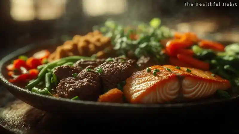 A healthy plate featuring iron rich meats like beef chicken and fish alongside vegetables rich in vitamin C.webp
