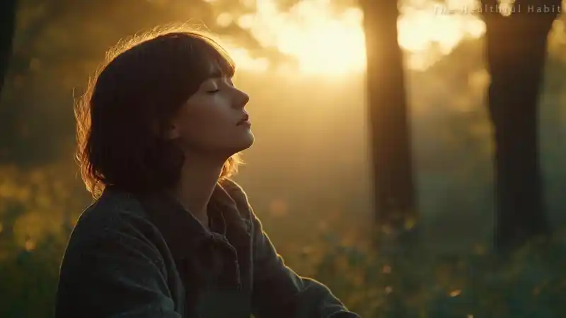 A person meditating in a peaceful outdoor setting at sunrise