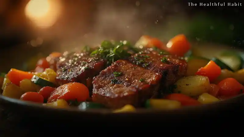 A plate of lean grilled meat with vegetables symbolizing a balanced diet