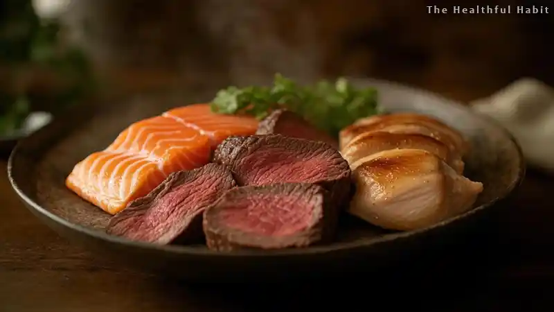 A plate of protein rich meats like salmon beef and chicken promoting injury recovery and wound healing
