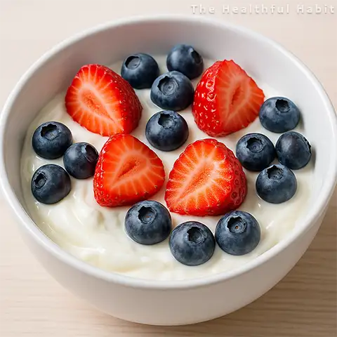 Greek yogurt topped with fresh strawberries and blueberries