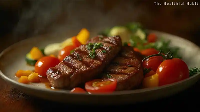 Healthy grilled meat with vegetables on a plate promoting hormonal balance