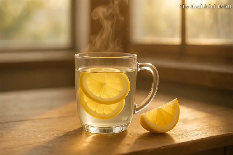 A steaming clear glass mug of warm water with fresh lemon slices