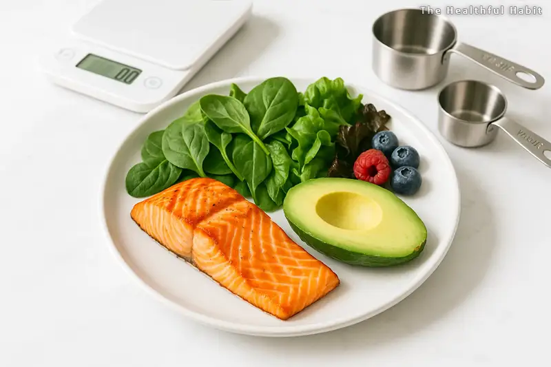 a balanced keto meal with grilled salmon avocado leafy greens and a small portion of berries