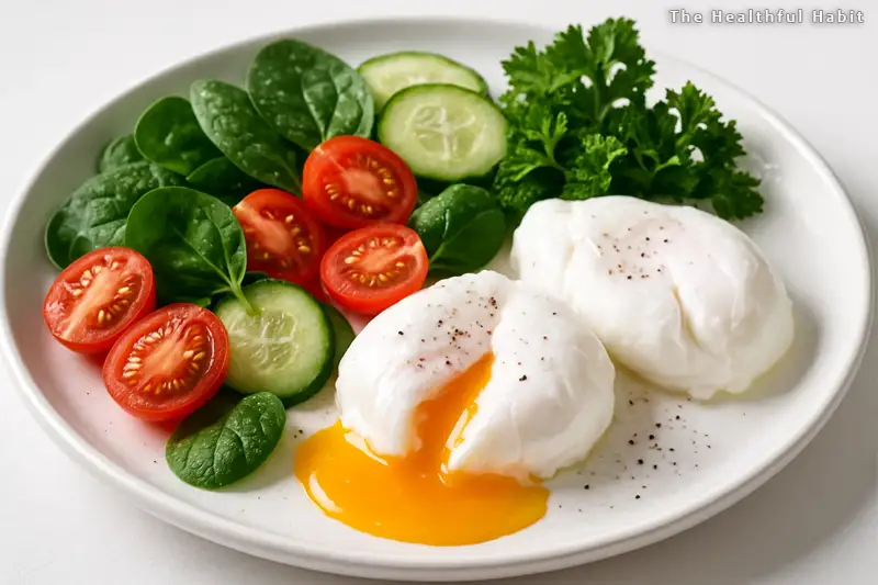 a plate with perfectly poached eggs with runny yolks alongside fresh vegetables