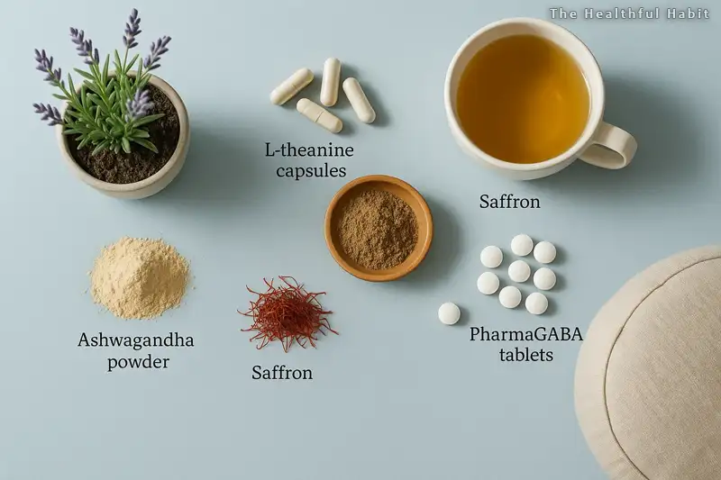 A calming flat lay photograph featuring the five natural supplements