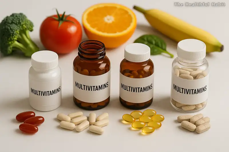 A_professional-looking_flat_lay_composition_featuring_various_multivitamin_bottles_and_capsules