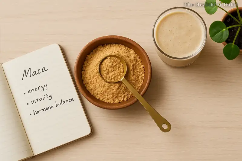 photograph showing a wooden bowl of golden brown maca root powder