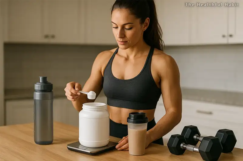 A fit woman in athletic wear measuring creatine powder on a kitchen