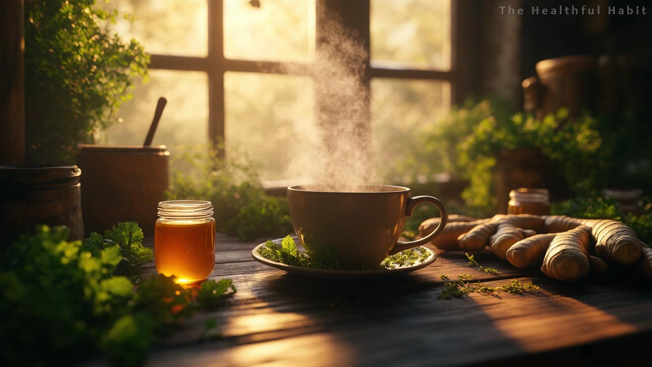 A steaming cup of herbal tea with fresh ingredients like ginger chamomile and mint
