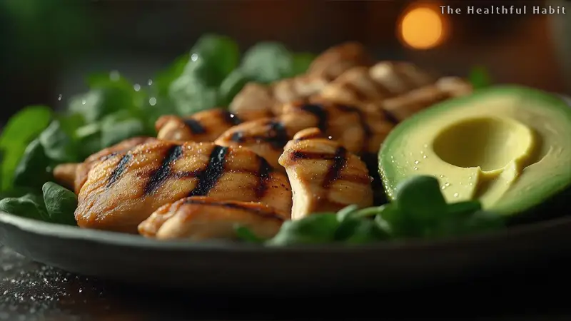 A plate with grilled chicken avocado and a side of leafy greens representing a balanced low carb mealbp