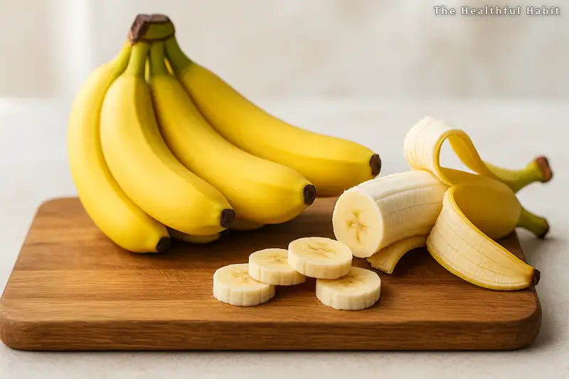food photography of fresh yellow bananas arranged on a wooden