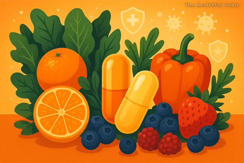 a health-focused illustration showing various colorful fruits and vegetables