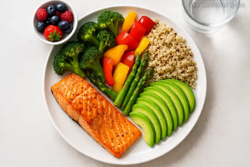 a colorful diabetes-friendly meal on a white plate