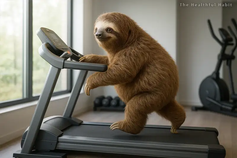 A slightly chubby sloth is jogging on a treadmill
