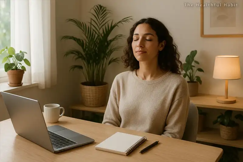 A serene workspace scene showing a person taking a mindful break