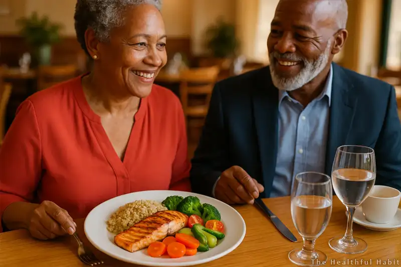 heart healthy meal restaurant scene featuring an elegant black couple senior
