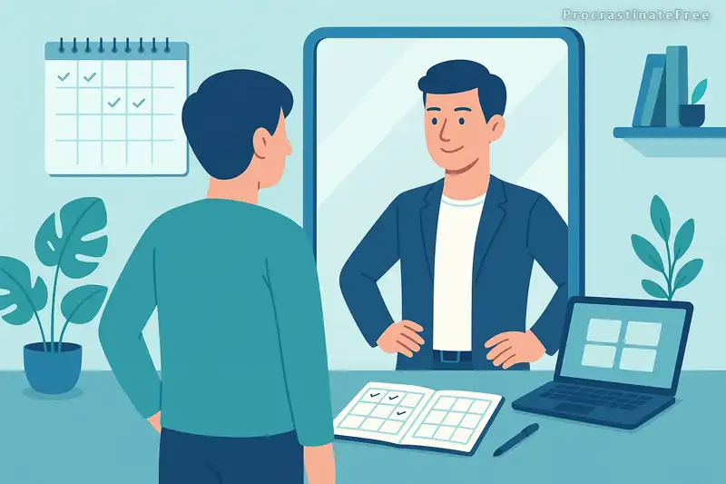 conceptual illustration showing the journey of personal transformation: a person looking at themselves in a mirror