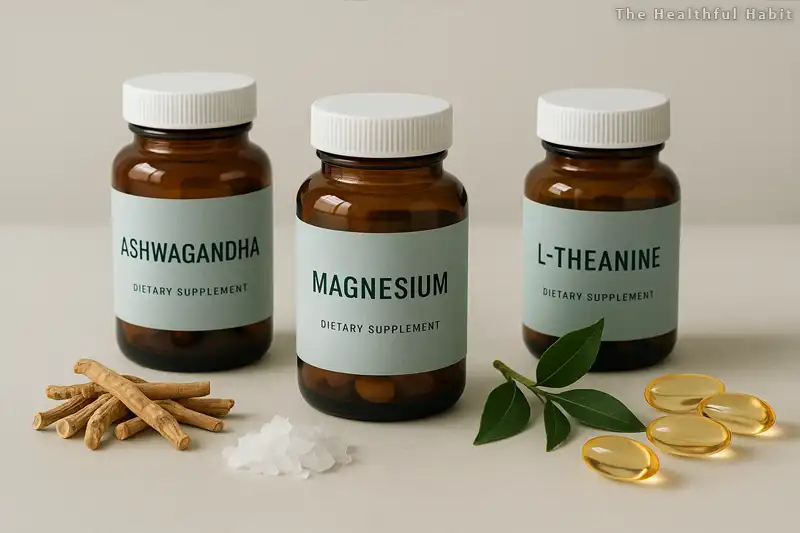 image showing ashwagandha root, magnesium crystals, green tea leaves (for L-theanine), and omega-3 fish oil capsules