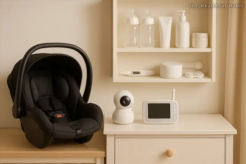 image showing an organized nursery scene showing essential baby products