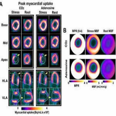 Panel A shows representative short and long-axis PET images of peak myocardial uptake of 13N-ammonia during hypercapnia of PaCO2 ~ 60 mmHg (CO2), standard clinical dose of adenosine (Adenosine) and at rest with PaCO2 ~ 35 mmHg (Rest) in a canine with a LA