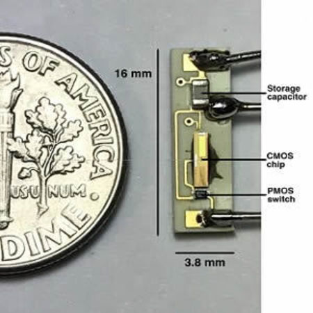 The internal components of a battery-less pacemaker introduced this week by Rice University and the Texas Heart Institute. The pacemaker can be inserted into the heart and powered by a battery pack outside the body, eliminating the need for wire leads and