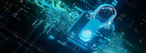 Digital padlock with fingerprint on circuit board,&nbsp;representing&nbsp;data security.&nbsp;