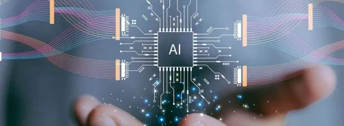 Abstract AI&nbsp;neural-network&nbsp;data flow hovering above a hand,&nbsp;centred&nbsp;on an &ldquo;AI&rdquo; chip.&nbsp;