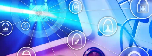 Digital lock symbolising healthcare data security, with icons for medical records,&nbsp;privacy&nbsp;and healthcare information systems.&nbsp;