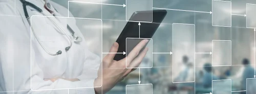 Healthcare workflow automation: doctor with tablet and flowchart interface.exe