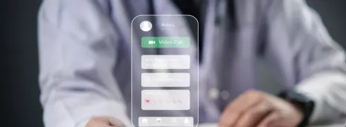 Doctor holding a smartphone displaying a futuristic telemedicine interface with options for video calls, prescriptions, and patient data management.&nbsp;