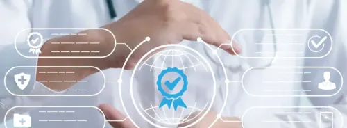 Doctor presenting a holographic icon of a certification badge surrounded by digital health symbols, representing quality assurance and healthcare standards.&nbsp;