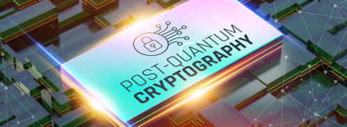 Post-quantum cryptography concept on a glowing processor amid network nodes.