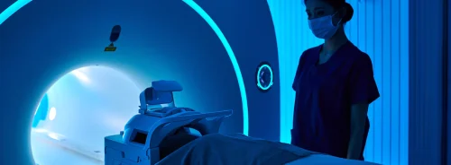 Modern MRI machine with a patient undergoing diagnostic imaging in radiology.&nbsp;