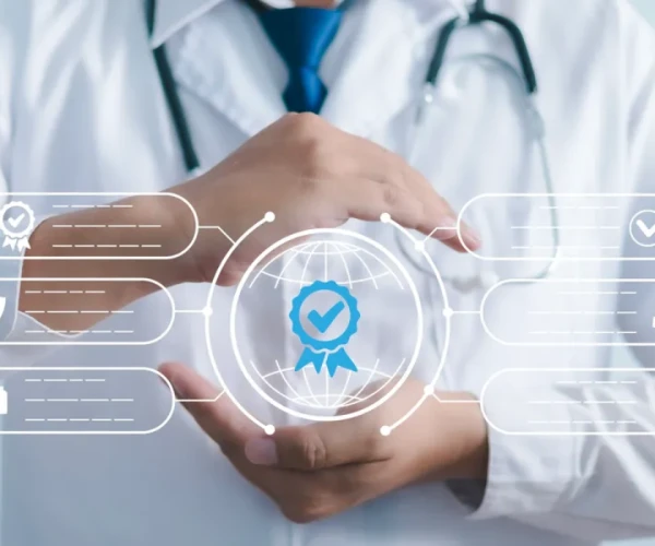 Doctor presenting a holographic icon of a certification badge surrounded by digital health symbols, representing quality assurance and healthcare standards.&nbsp;