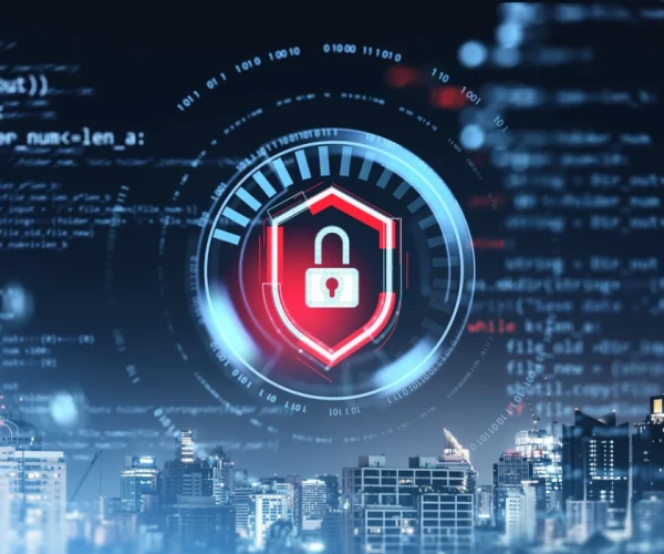 Digital illustration of a cybersecurity concept showing a red padlock over a cityscape,&nbsp;symbolising&nbsp;data protection and network security in urban digital infrastructure.&nbsp;