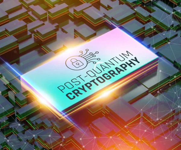 Post-quantum cryptography concept on a glowing processor amid network nodes.