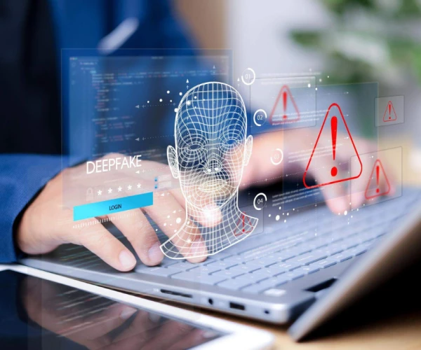 An AI security interface flags a potential deepfake during biometric login.&nbsp;