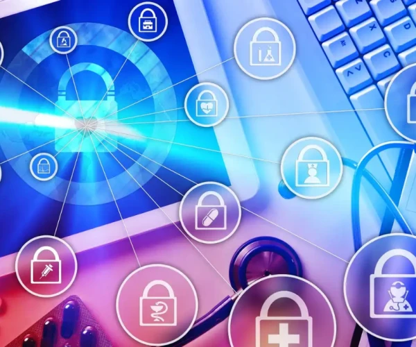 Digital lock symbolising healthcare data security, with icons for medical records,&nbsp;privacy&nbsp;and healthcare information systems.&nbsp;
