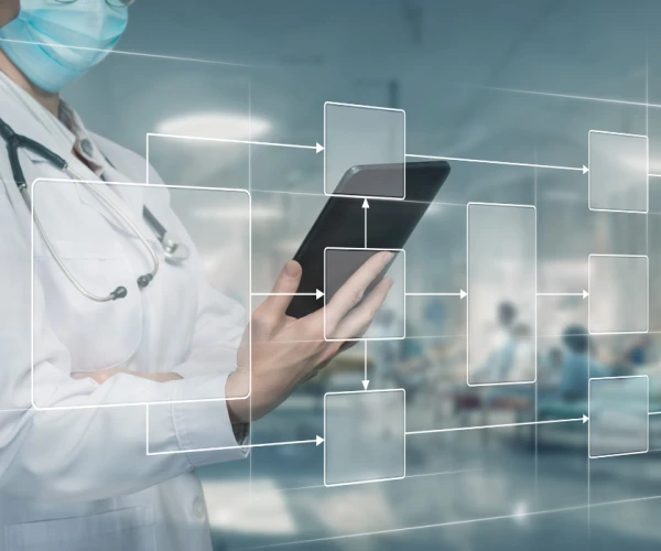 Healthcare workflow automation: doctor with tablet and flowchart interface.exe