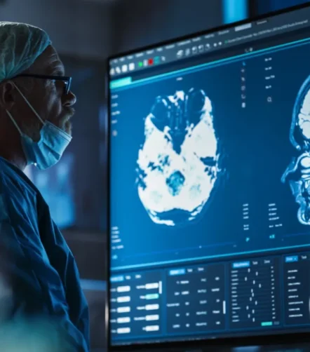 A surgeon&nbsp;reviews&nbsp;brain&nbsp;MRI on a large digital monitor&nbsp;