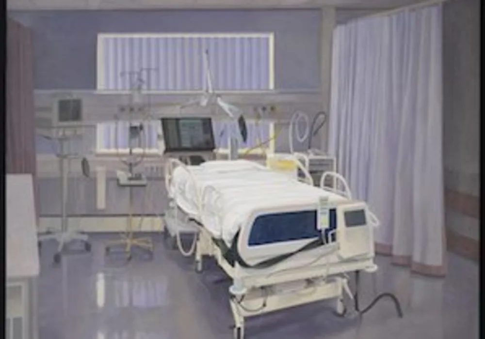 Painting showing an ICU bed