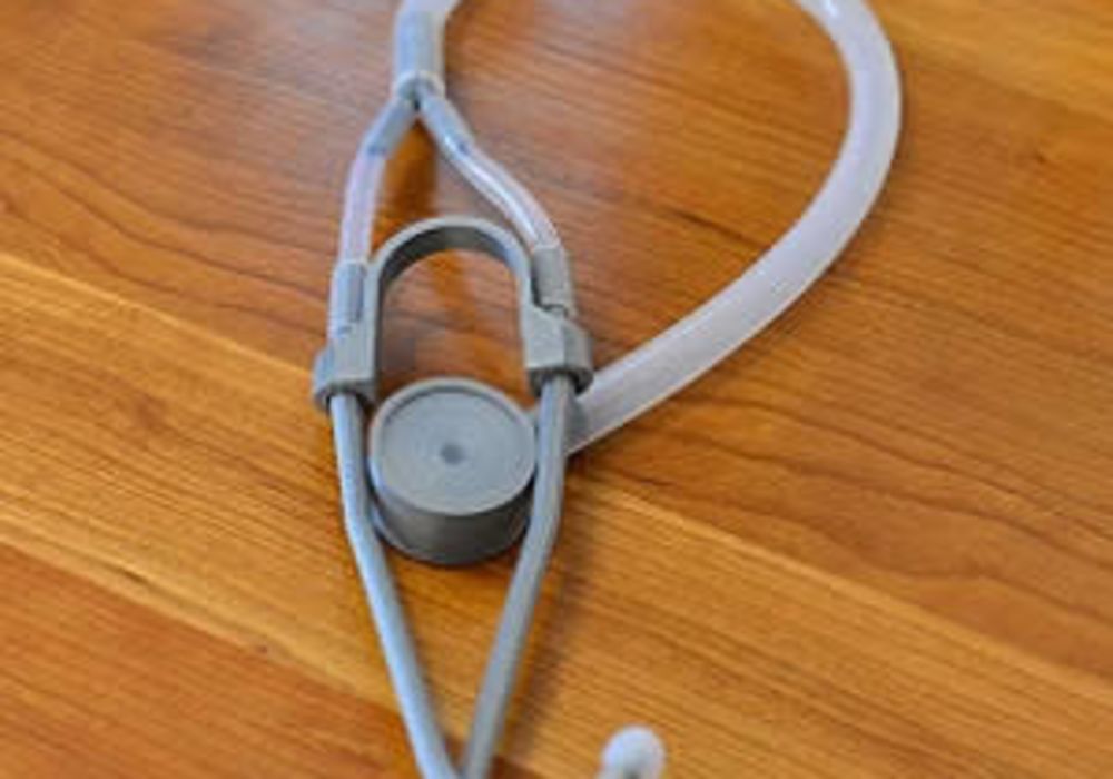 The stethoscope is built using 3-D printed parts, and recycled plastic tubing.