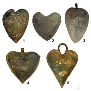 picture of the five heart-shaped lead urns