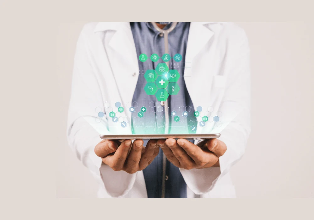 Female doctor using a digital tablet in a modern hospital setting for patient care management.