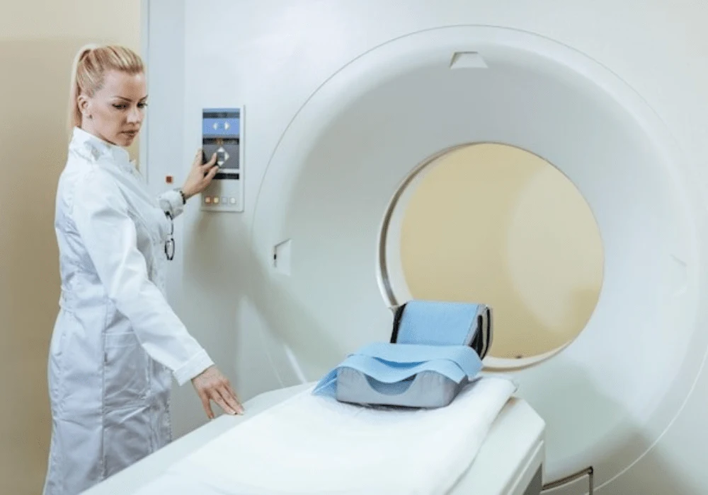 Radiologist preparing CT scanner for patient imaging and diagnostic procedure&nbsp;