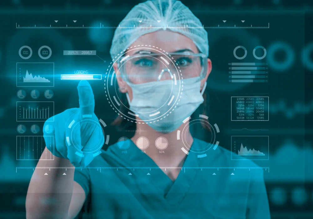 Nurse using futuristic touchscreen interface &ndash; innovation in digital healthcare and medical technology.&nbsp;