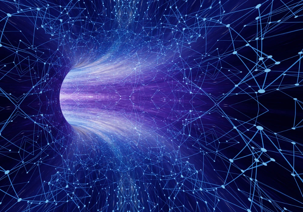 Abstract data flow tunnel with interconnected nodes representing quantum computing or big data transmission&nbsp;