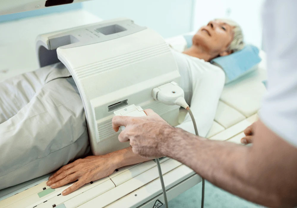 Senior woman undergoing MRI or CT scan for hip and pelvic assessment in diagnostic imaging centre&nbsp;