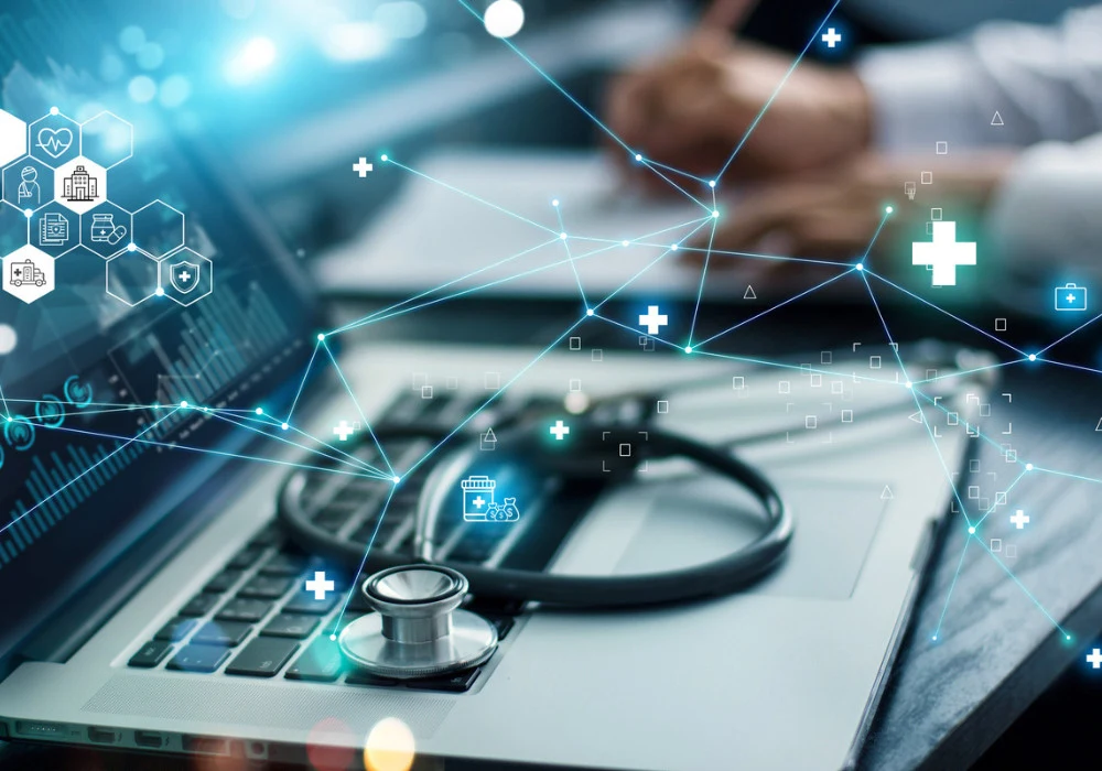 Stethoscope on laptop with medical icons and network connections, symbolising digital health, electronic health records and secure data exchange in telemedicine.